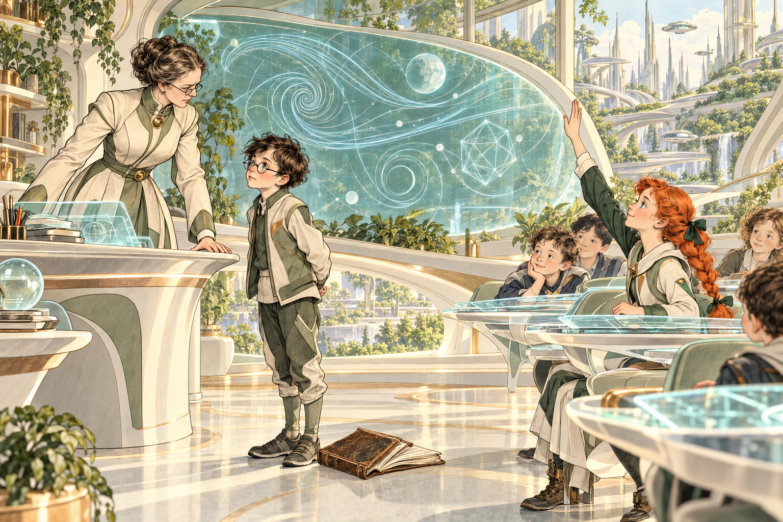 A futuristic classroom with translucent desks and floating geometric displays: a bespectacled boy stands beside his teacher and a fallen paper book, while a red-haired girl raises her hand.