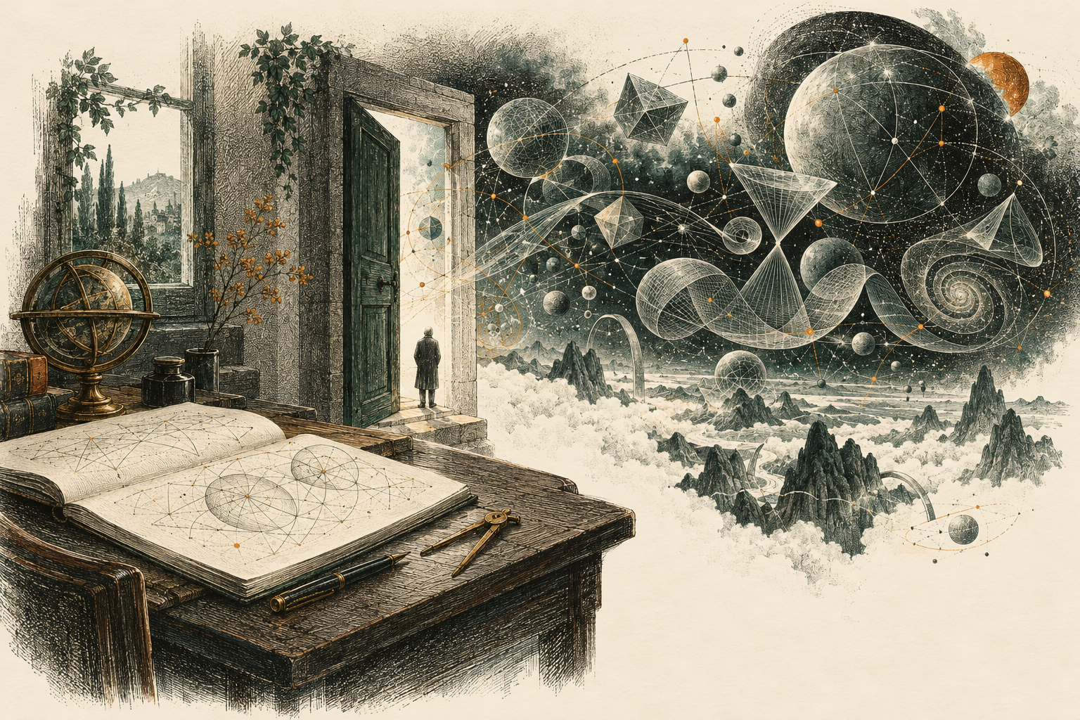 A mathematical notebook opens toward a doorway into an immense landscape of geometric forms and constellations, rendered as an antique engraving.