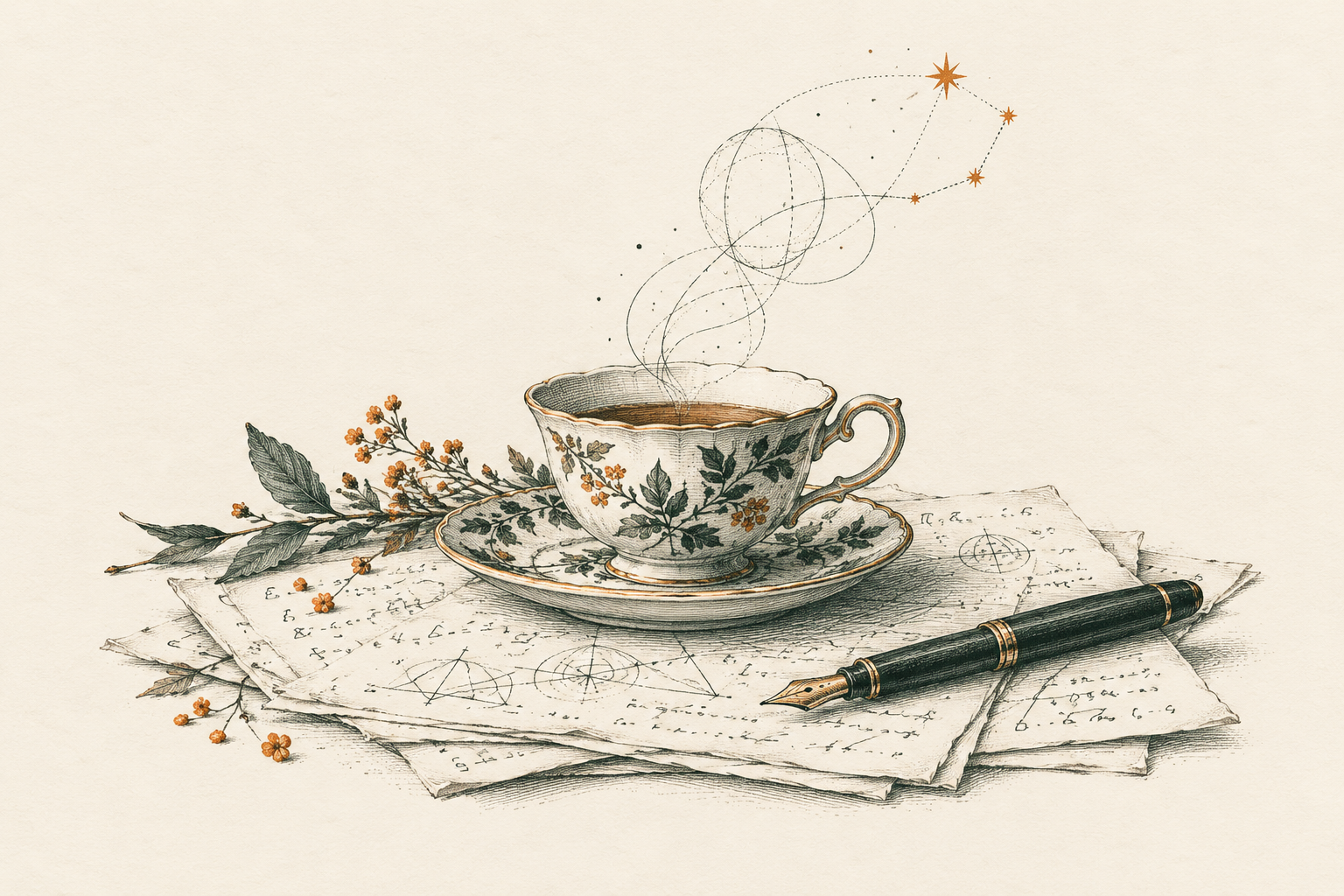An engraved illustration of a porcelain teacup on mathematical papers, its steam becoming geometric curves.